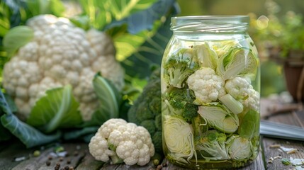 Cabbage broccoli cauliflower marinated pickled in glass,fresh Cabbage cauliflower in the garden background - 782648367