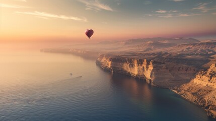 A hot air balloon is seen gliding over a vast body of water, with its colorful and vibrant design standing out against the blue sky. The balloon casts a reflection on the calm waters below as it