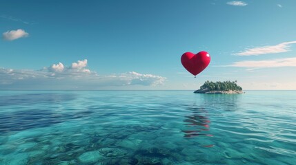 A red heart-shaped balloon drifts gracefully above the vast ocean, standing out against the backdrop of the sea. - 782648399