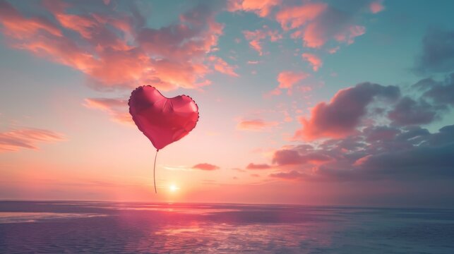 A heart-shaped balloon floats gracefully through the air, its vibrant colors standing out against the sky.
