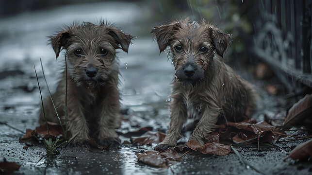 dos perros cachorros tristes abandonados reflejando en sus ojos su mirada de tristeza y sufrimiento esperando a sus due&ntilde;os con hambre y sed caninos solos y sucios en el lodo