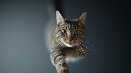 A playful tabby cat leaps mid-air with a curious gaze directed at the camera, against a backdrop offering ample copy space for captions or text overlays