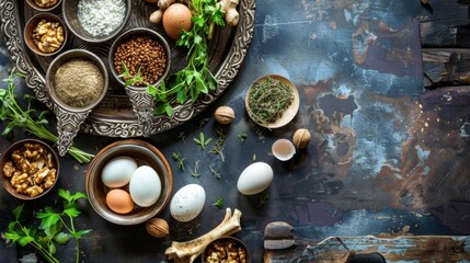 Jewish seder with egg, bone, herbs and walnut Passover holiday concept.  - 782649338