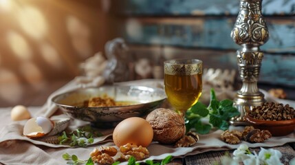 Jewish seder with egg, bone, herbs and walnut Passover holiday concept.  - 782649345