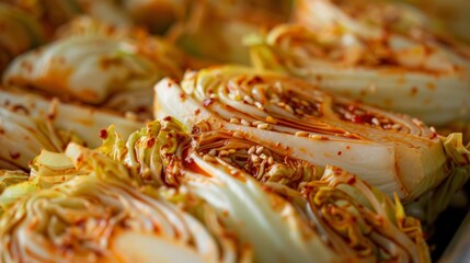 kimchi (spicy cabbage with chili flakes),fresh cabbage background. - 782649555