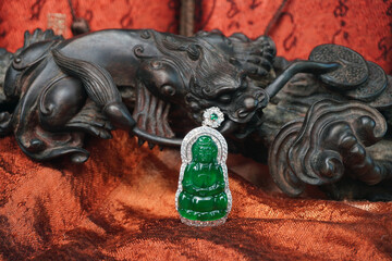 Imperial green jadeite jade Guan Yin (Avalokitesvara) pendant. Beautiful Chinese style Burmese jadeite jade jewelry