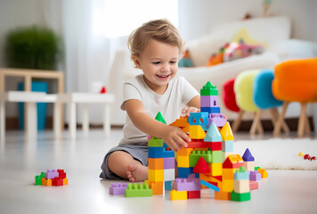 A cute little boy is playing with colorful building blocks