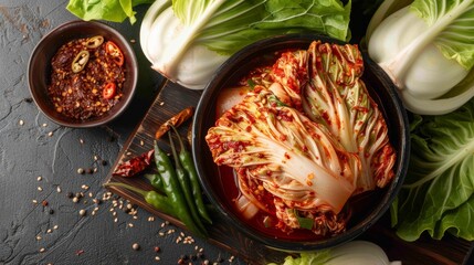 kimchi (spicy cabbage with chili flakes),fresh cabbage background. - 782649721