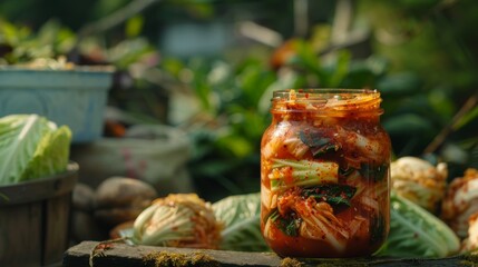 kimchi (spicy cabbage with chili flakes),fresh cabbage in the garden background  - 782649741