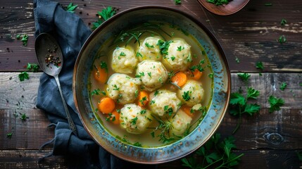 A hearty soup with dumplings made from matzah meal,Traditional Jewish passover