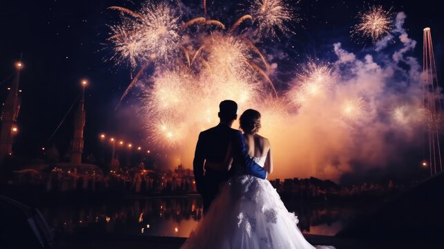Rear view of a husband and wife wearing wedding dresses with fireworks in the background at night.AI generated image