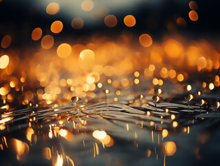 Golden bokeh, raining light, blurry lights, blurry background, gold confettis on a black...