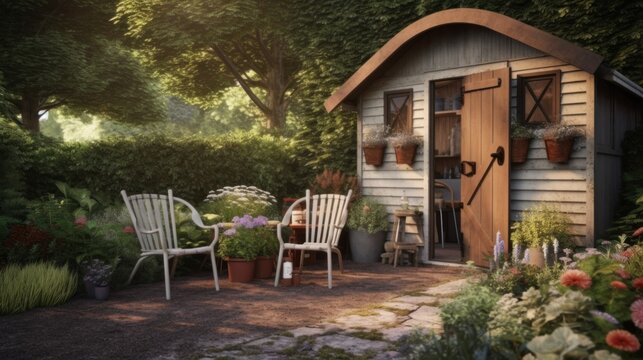 Charming little house situated on the edge of a shady garden.AI generated image