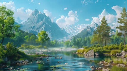 Fototapeta na wymiar Vibrant digital artwork of serene mountain landscape with river, trees, and clear blue skies