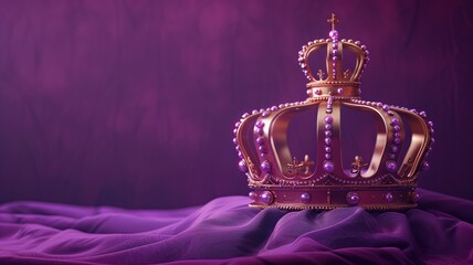 Royal crown adorned with purple jewels rests on luxurious velvet fabric draped background - obrazy, fototapety, plakaty