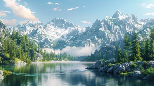 Serene mountain landscape with clear lake, surrounded by lush forests and snowy peaks under blue sky