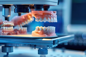 Fototapeta premium 3D printing dental prostheses process in a lab, light colors, realistic illustration made with Generative Ai