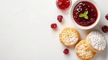 Top view of crackers and bowl jam with mint leaf garnish on white surface - obrazy, fototapety, plakaty