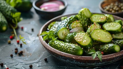 Plate of pickled homemade cucumbers for serving 