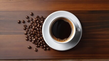 Fototapeta premium Coffee Cup and Beans: A close-up of a steaming cup of freshly brewed coffee surrounded by aromatic coffee beans