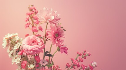 Selection of elegant flowers against soft pink background, conveying sense gentle beauty