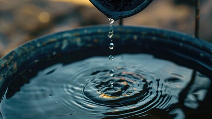 Close-up of water droplets falling into filled bucket creating concentric ripples