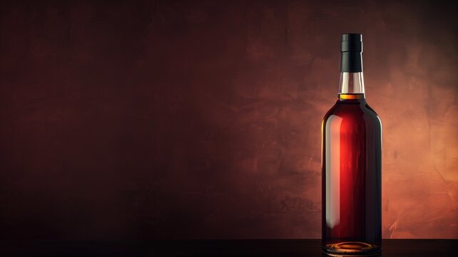 Sealed bottle of amber liquid against textured dark red background with copy space