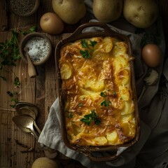 savory potato kugel, baked pudding or casserole of grated potato in a baking dish on a wooden table, jewish holiday recipe - 782651327