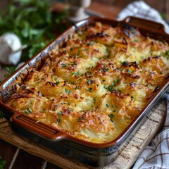 savory potato kugel, baked pudding or casserole of grated potato in a baking dish on a wooden table, jewish holiday recipe - 782651351