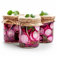 radishes sliced pickles in glass jars isolated on white background - 782651561
