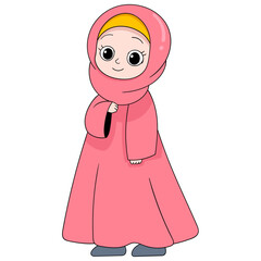 A beautiful Muslim girl wearing a red hijab is standing with a happy face
