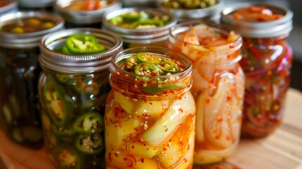 Spicy  Kimchi, fermented jalapenos, pickled pepperoncini in glass jar - 782651778