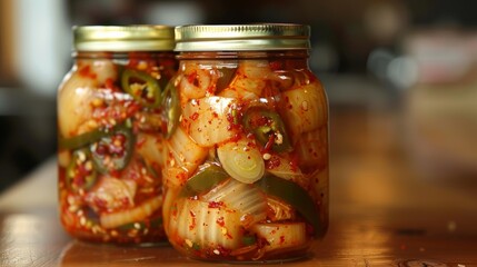 Spicy  Kimchi, fermented jalapenos, pickled pepperoncini in glass jar - 782651781