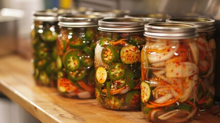 Spicy  Kimchi, fermented jalapenos, pickled pepperoncini in glass jar - 782651789