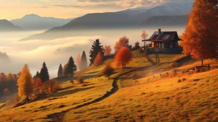 Autumn scenery in the mountains.AI generated image - obrazy, fototapety, plakaty