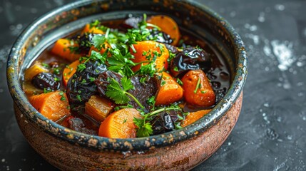 A stew often containing carrots, prunes, and other vegetables,symbolizing the Jewish New Yea
