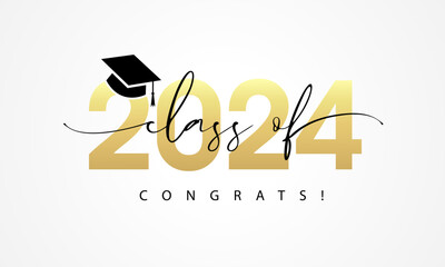 Class of 2024, Congrats! Lettering logo design. 2024 number, Congratulations graduates with black square graduation mortarboard. Vector illustration