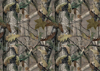 Real Tree Seamless Camouflage Pattern Vector - obrazy, fototapety, plakaty
