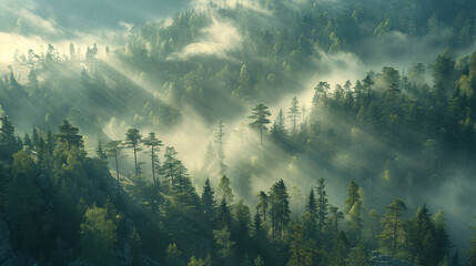 Thick fog covers green dense forest, amazing morning concept