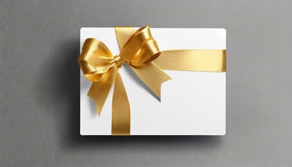 gift card with gold ribbon, blank golden gift card with a vibrant black ribbon bow right side, a minimalist grey background with subtle shadowing.