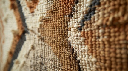 A handwoven wall hanging made with natural fibers showcases a striking geometric pattern in earthy tones of olive green burnt sienna and sandy beige. This piece adds a touch of organic .