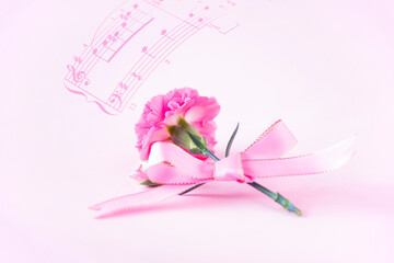 母の日　リボンを結んだ美しいピンクのカーネーションと楽譜の合成（ピンバック）