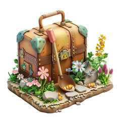 A cake topped with a shovel and suitcase, portraying a whimsical garden adventure theme Isolated on transparent