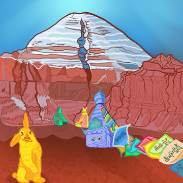kailash mountain southern face with rabbit and flags