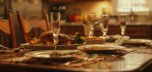 Fototapeta na wymiar Holiday feast laid out on dining table with warm lighting, ready for family gathering