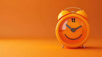 Smiling orange alarm clock against background