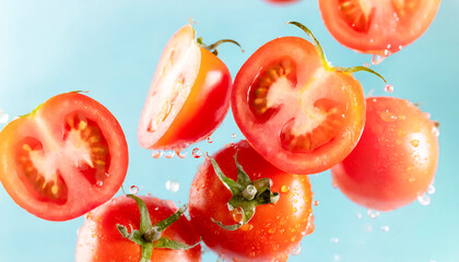 Vibrant image of fresh cut tomatoes taken against a blue background - obrazy, fototapety, plakaty