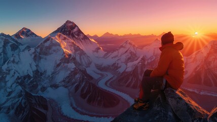 Person in orange jacket sits on mountain peak at sunrise, overlooking vast snowy range