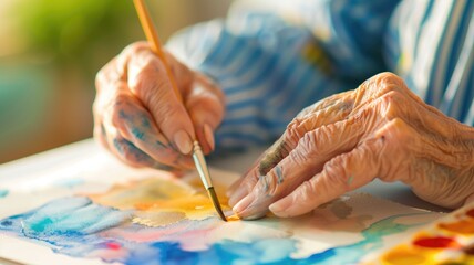 Close-up of elderly hands painting with watercolors on paper, blurred background - obrazy, fototapety, plakaty