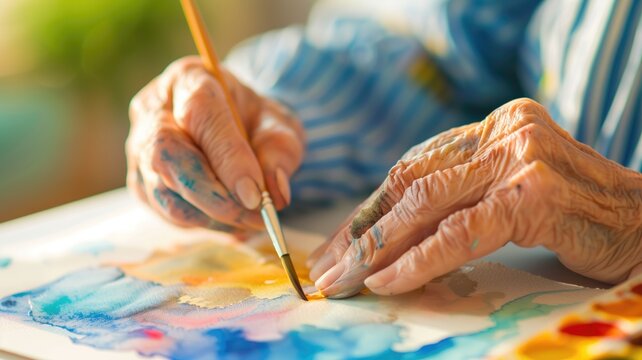 Close-up of elderly hands painting with watercolors on paper, blurred background